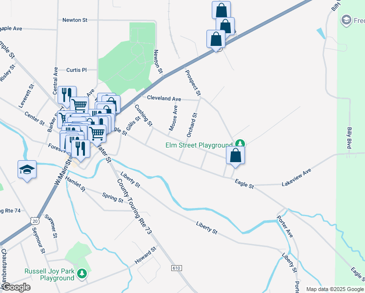 map of restaurants, bars, coffee shops, grocery stores, and more near 33 Orchard Street in Fredonia