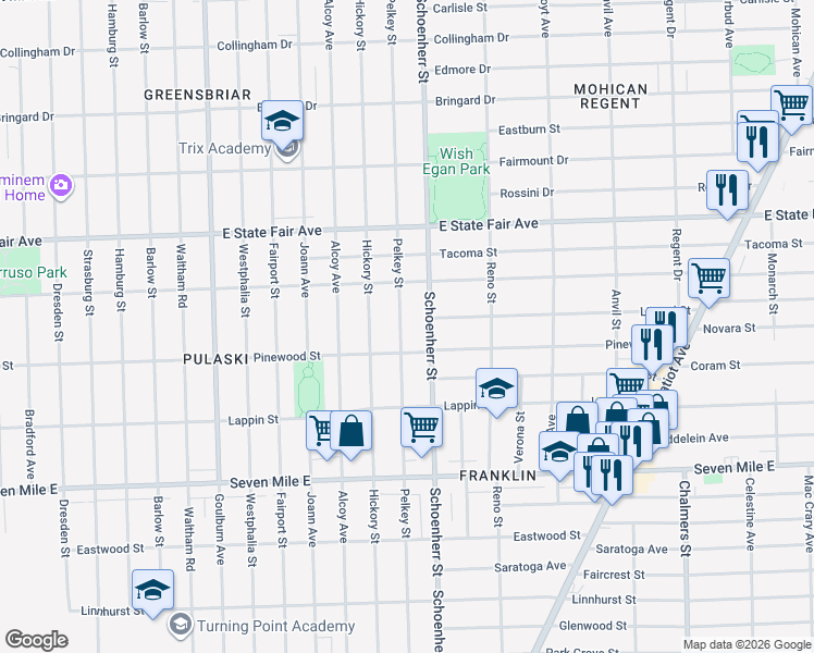 map of restaurants, bars, coffee shops, grocery stores, and more near 19558 Pelkey Street in Detroit