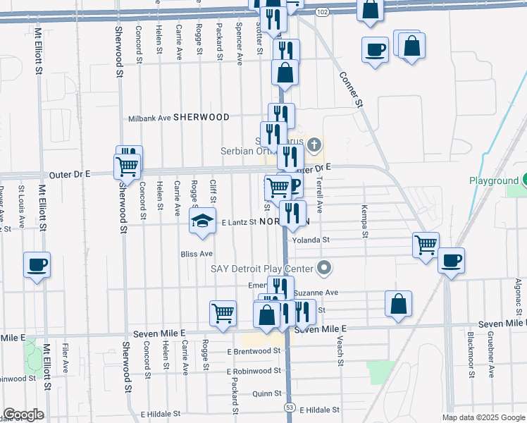 map of restaurants, bars, coffee shops, grocery stores, and more near in Detroit