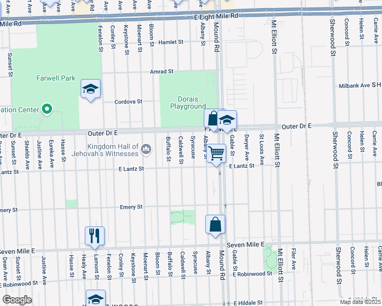 map of restaurants, bars, coffee shops, grocery stores, and more near 19676 Syracuse Street in Detroit