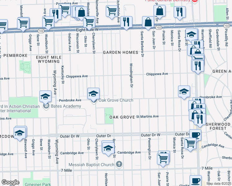 map of restaurants, bars, coffee shops, grocery stores, and more near 19951 Greenlawn Street in Detroit