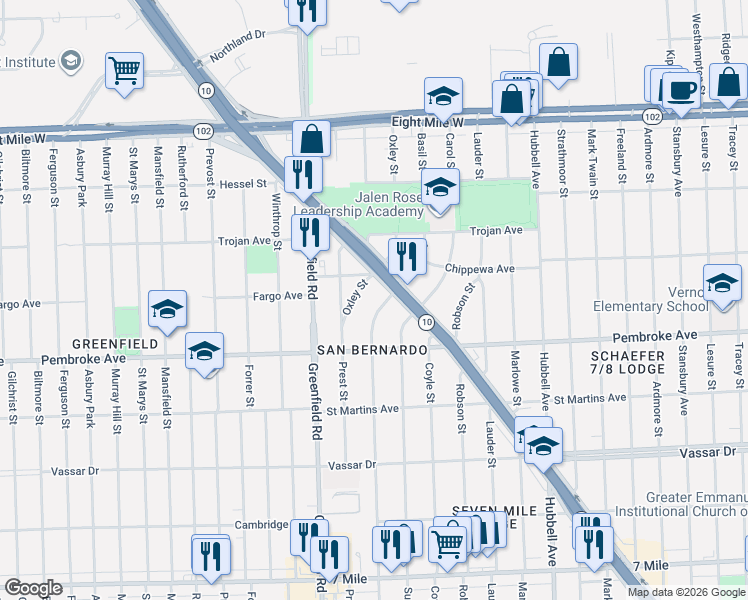 map of restaurants, bars, coffee shops, grocery stores, and more near 20011 Whitcomb in Detroit