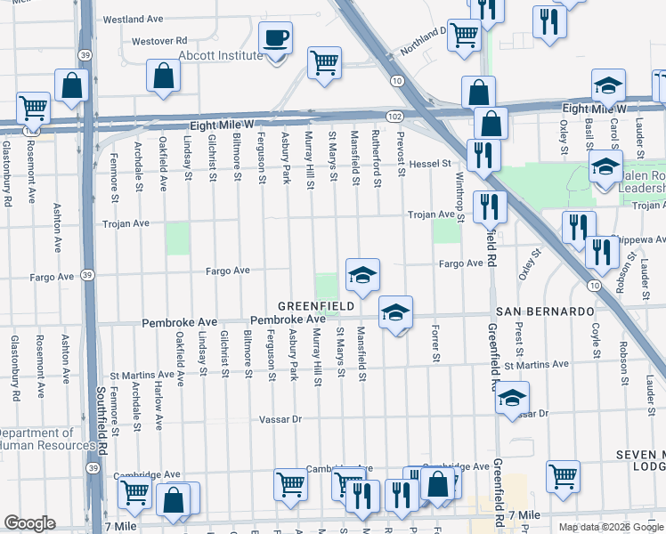 map of restaurants, bars, coffee shops, grocery stores, and more near 20011 Saint Marys Street in Detroit