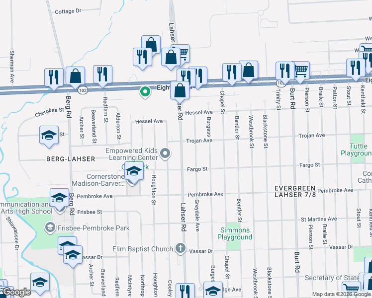 map of restaurants, bars, coffee shops, grocery stores, and more near 20113 Lahser Road in Detroit