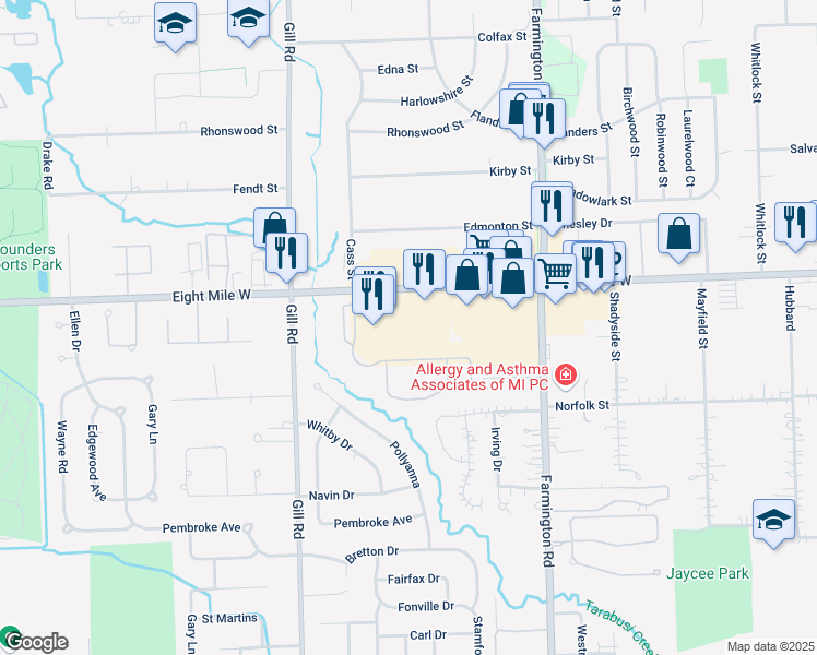 map of restaurants, bars, coffee shops, grocery stores, and more near 33523 8 Mile Road in Livonia