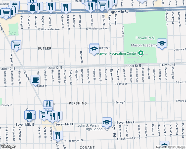 map of restaurants, bars, coffee shops, grocery stores, and more near 19685 Yonka Street in Detroit