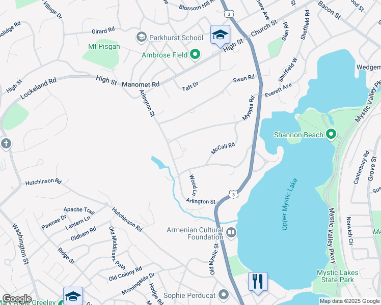 map of restaurants, bars, coffee shops, grocery stores, and more near 80 Myopia Road in Winchester