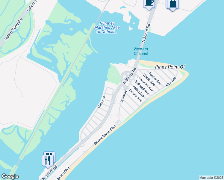 map of restaurants, bars, coffee shops, grocery stores, and more near 32 Hayes Avenue in Revere