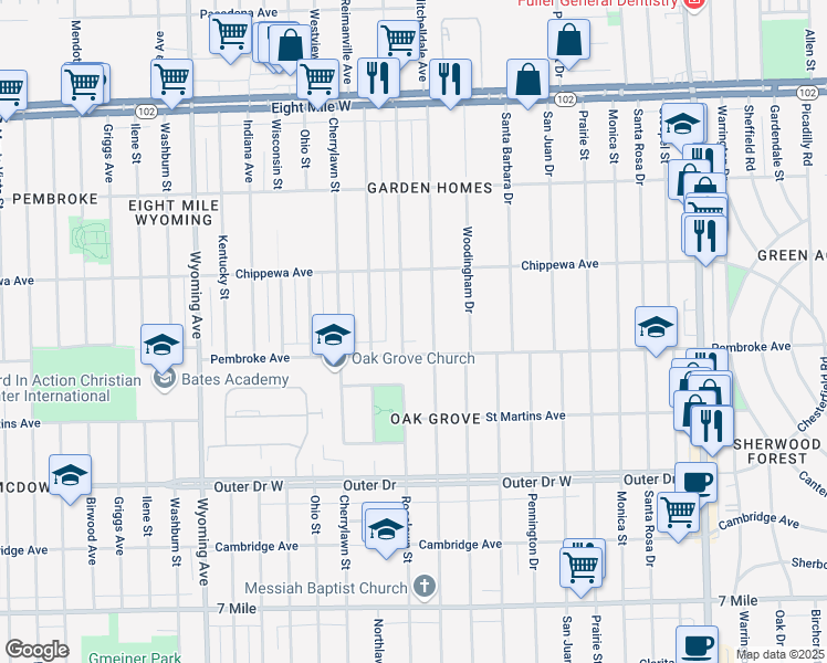 map of restaurants, bars, coffee shops, grocery stores, and more near 19951 Greenlawn Street in Detroit