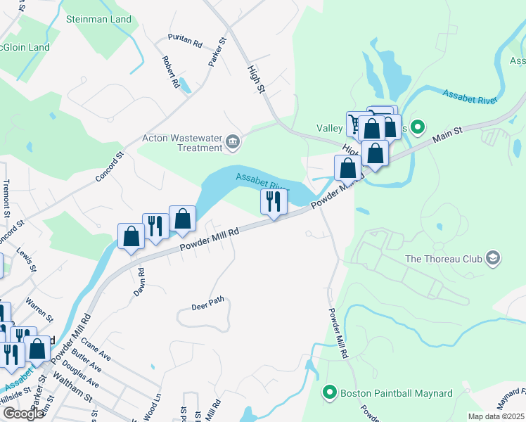 map of restaurants, bars, coffee shops, grocery stores, and more near 4 Powder Mill Rd in Acton