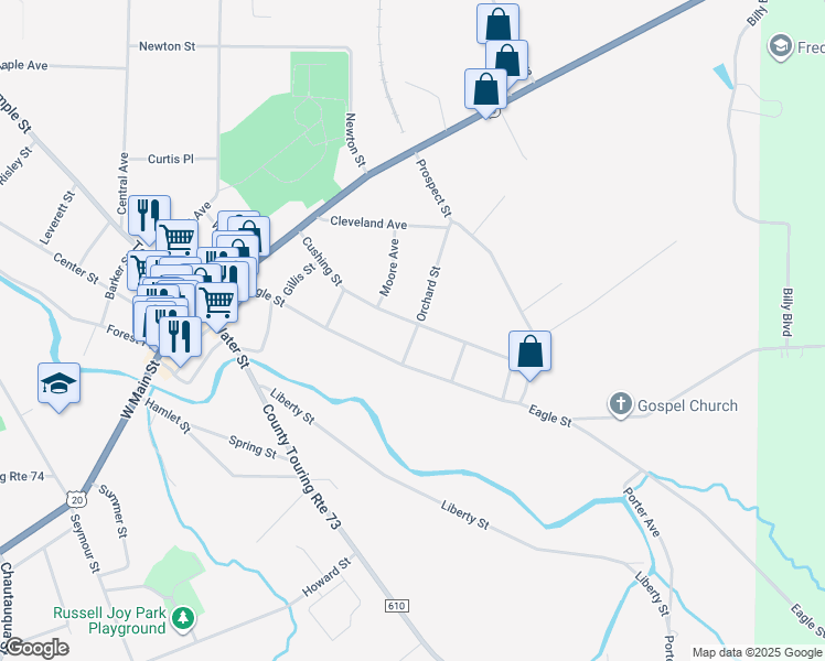 map of restaurants, bars, coffee shops, grocery stores, and more near 91 Cushing Street in Fredonia