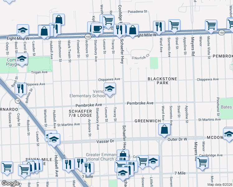 map of restaurants, bars, coffee shops, grocery stores, and more near 19968 Tracey Street in Detroit