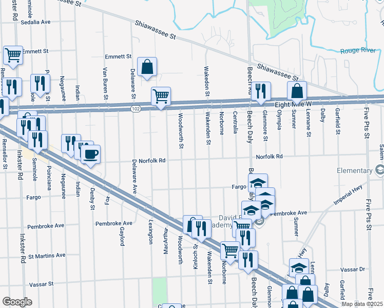 map of restaurants, bars, coffee shops, grocery stores, and more near 20419 Kinloch in Redford Charter Township