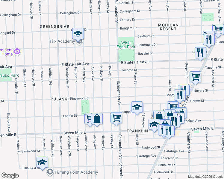 map of restaurants, bars, coffee shops, grocery stores, and more near 19558 Pelkey Street in Detroit