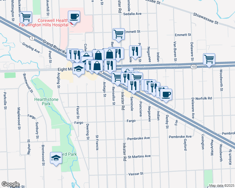 map of restaurants, bars, coffee shops, grocery stores, and more near 27423 Long Street in Livonia