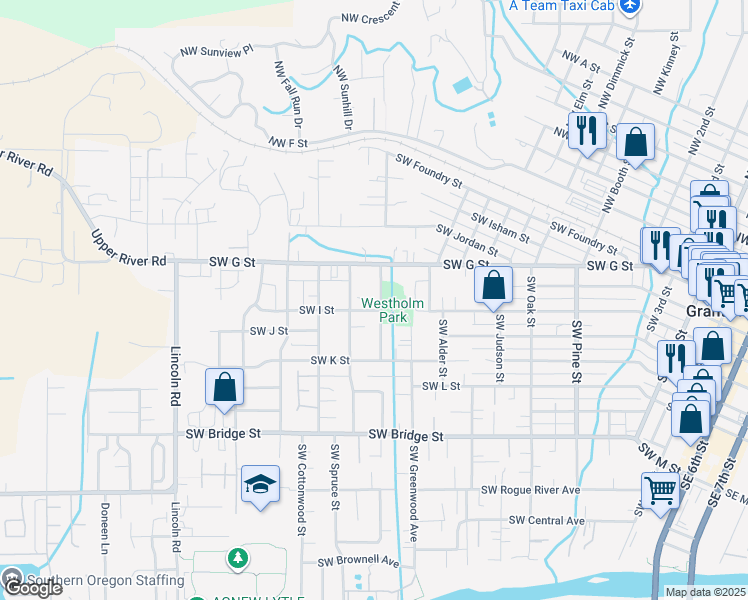 map of restaurants, bars, coffee shops, grocery stores, and more near 230 Southwest Wildwood Avenue in Grants Pass