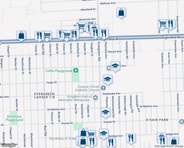 map of restaurants, bars, coffee shops, grocery stores, and more near 20071 Vaughan Street in Detroit