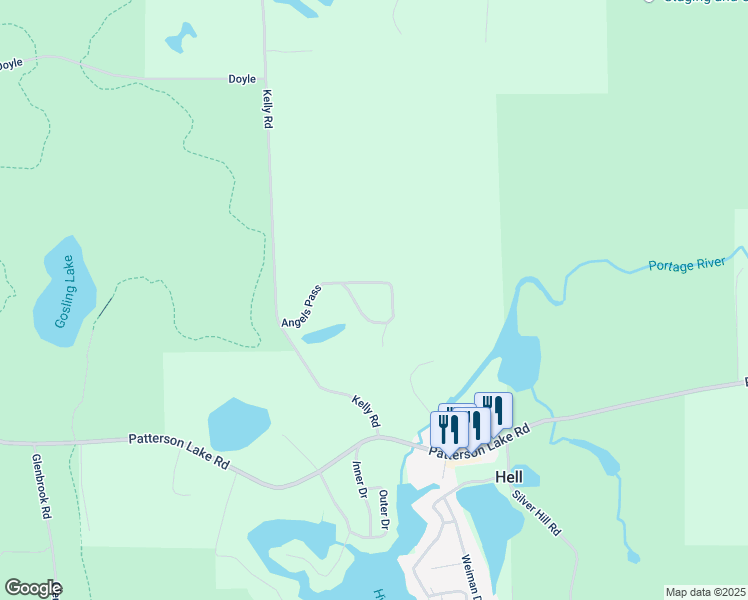 map of restaurants, bars, coffee shops, grocery stores, and more near 4110 Angels Pass in Pinckney