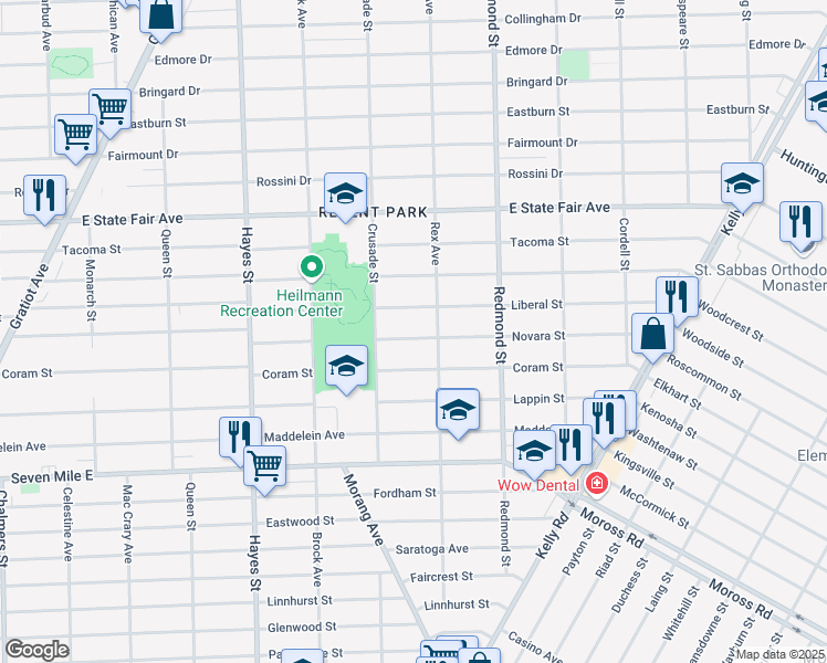 map of restaurants, bars, coffee shops, grocery stores, and more near 15677 Novara Street in Detroit