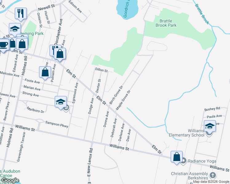map of restaurants, bars, coffee shops, grocery stores, and more near 45 Birch Grove Dr in Pittsfield