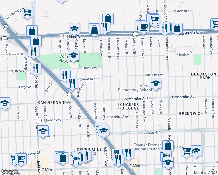 map of restaurants, bars, coffee shops, grocery stores, and more near 20006 Hubbell Avenue in Detroit