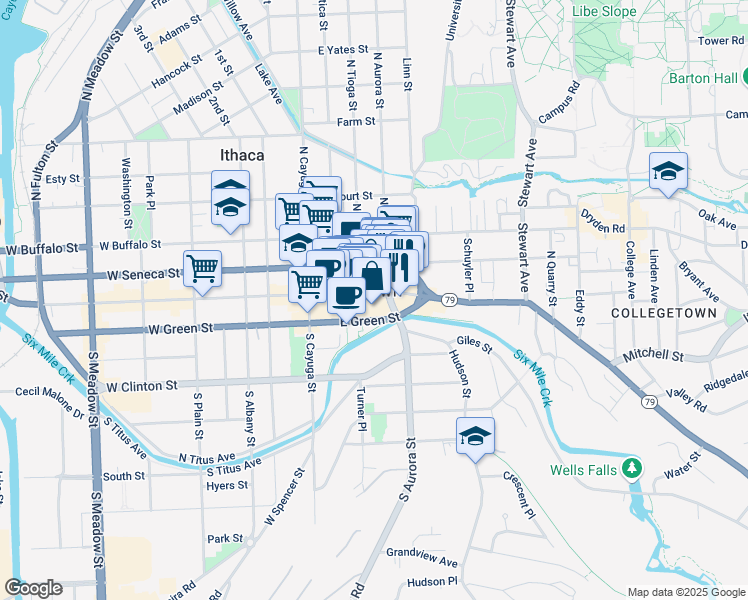 map of restaurants, bars, coffee shops, grocery stores, and more near 215 East State Street in Ithaca