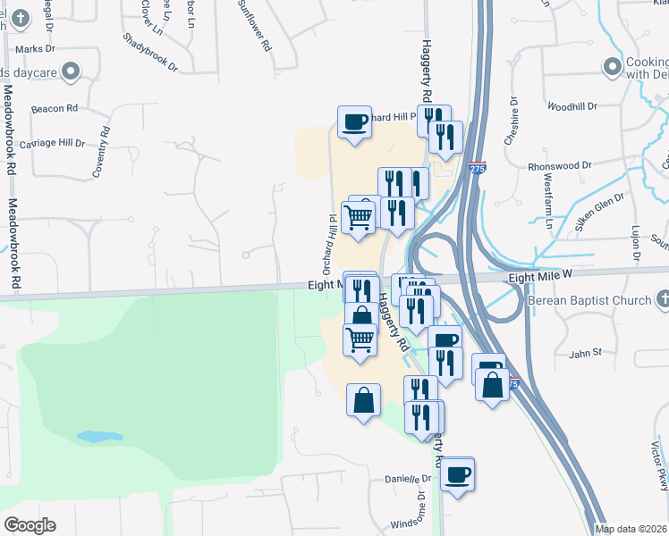 map of restaurants, bars, coffee shops, grocery stores, and more near 39900 Eight Mile Road in Northville