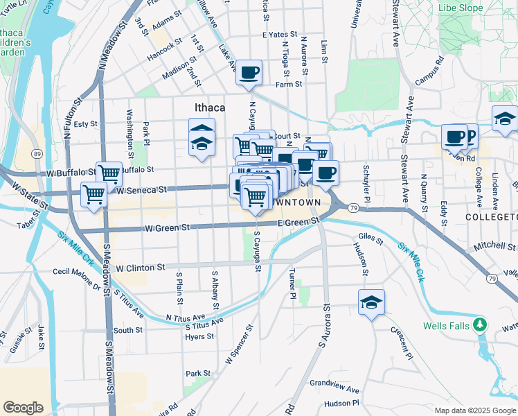 map of restaurants, bars, coffee shops, grocery stores, and more near in Ithaca