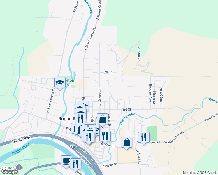 map of restaurants, bars, coffee shops, grocery stores, and more near 304 Woodville Way in Rogue River