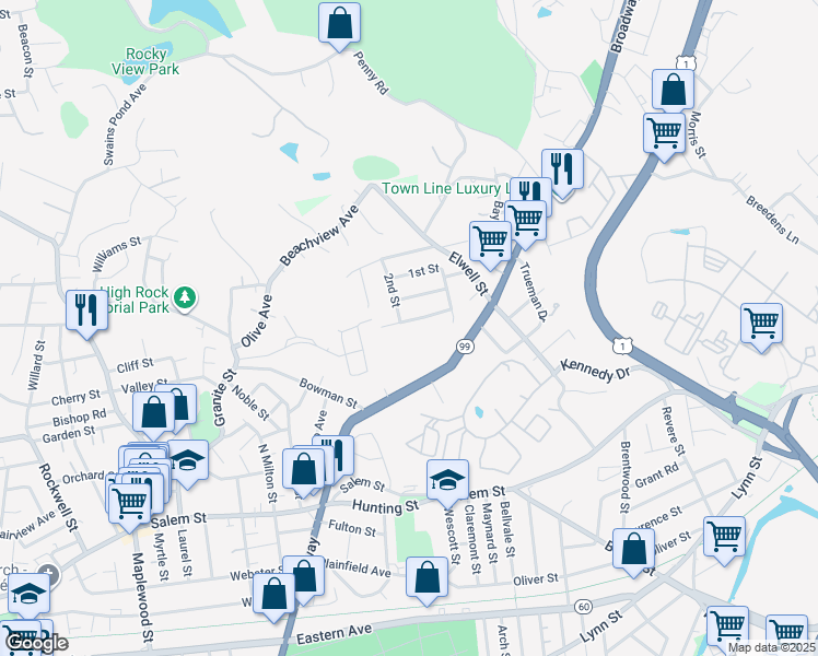 map of restaurants, bars, coffee shops, grocery stores, and more near 46 Tea Party Way in Malden