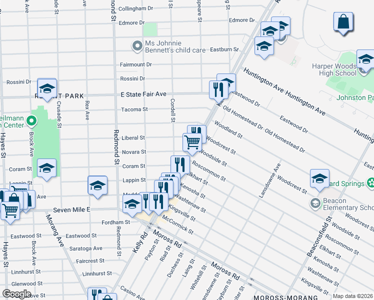 map of restaurants, bars, coffee shops, grocery stores, and more near 16435 Novara Street in Detroit