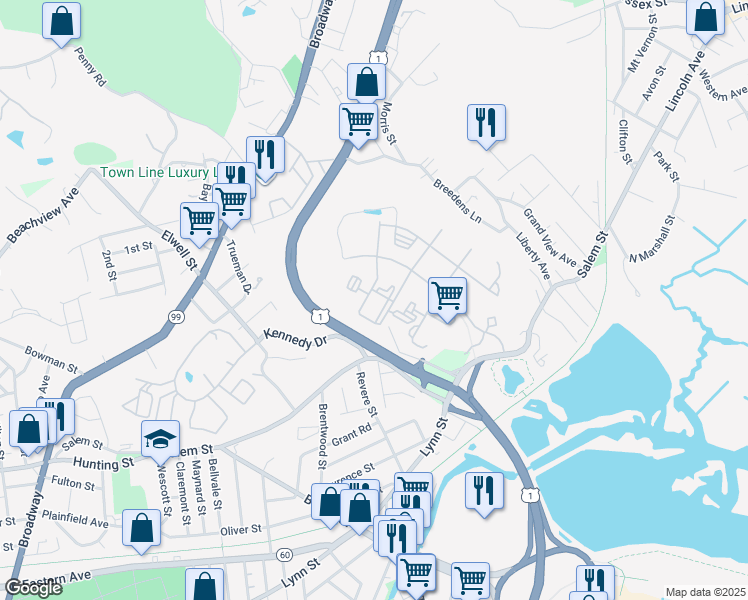 map of restaurants, bars, coffee shops, grocery stores, and more near 16 Quarry Lane in Malden