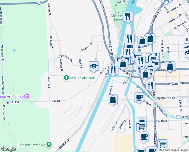 map of restaurants, bars, coffee shops, grocery stores, and more near 111 Chestnut Street in Ithaca