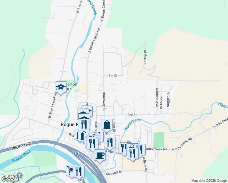map of restaurants, bars, coffee shops, grocery stores, and more near 304 Woodville Way in Rogue River