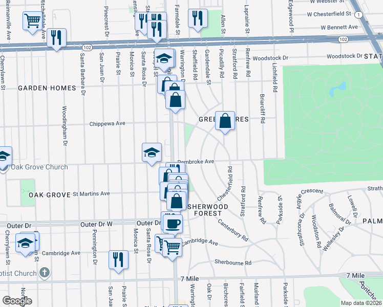 map of restaurants, bars, coffee shops, grocery stores, and more near 19920 Warrington Drive in Detroit