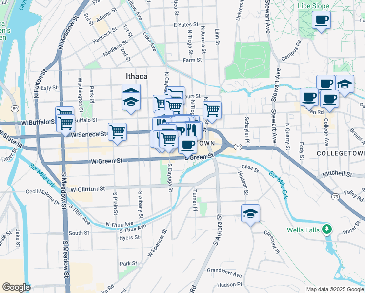 map of restaurants, bars, coffee shops, grocery stores, and more near in Ithaca