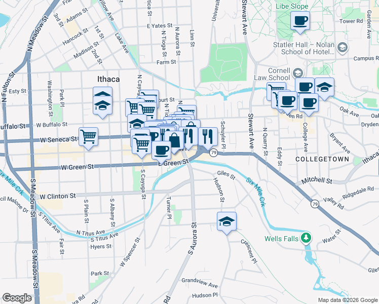 map of restaurants, bars, coffee shops, grocery stores, and more near 301 East State Street in Ithaca