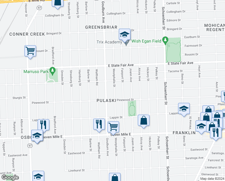 map of restaurants, bars, coffee shops, grocery stores, and more near 19569 Westphalia Street in Detroit