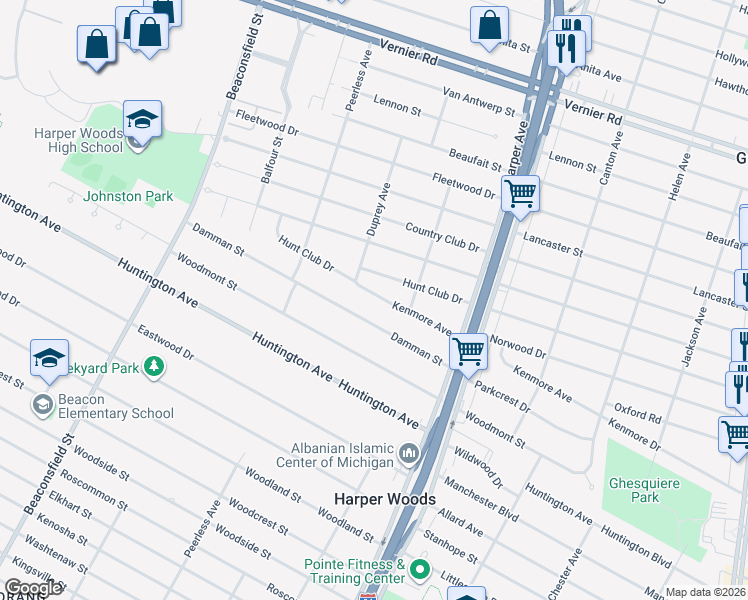 map of restaurants, bars, coffee shops, grocery stores, and more near 20440 Kenmore Ave in Harper Woods