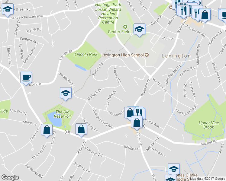 map of restaurants, bars, coffee shops, grocery stores, and more near 44 Fair Oaks Drive in Lexington