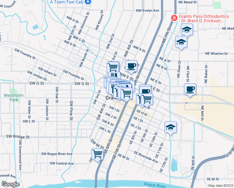 map of restaurants, bars, coffee shops, grocery stores, and more near in Grants Pass