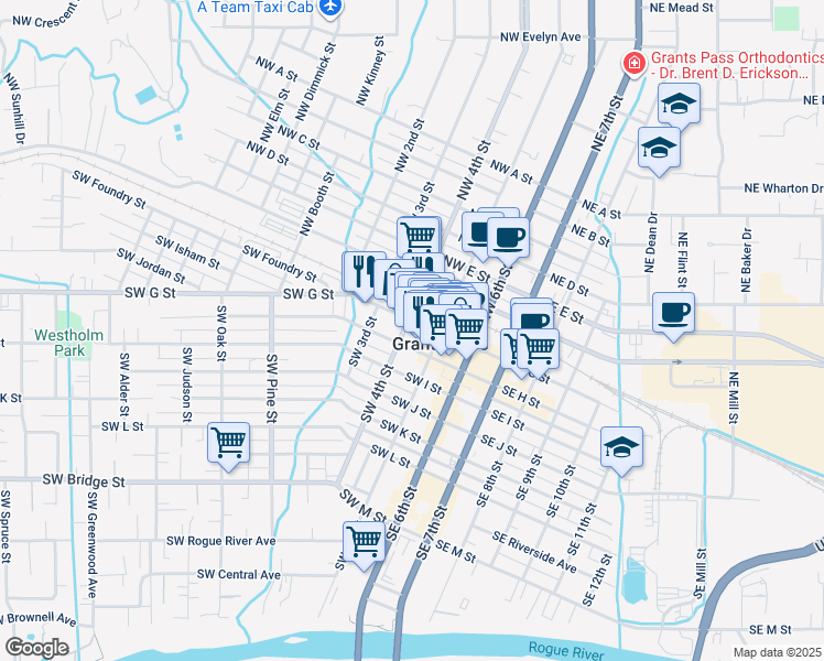 map of restaurants, bars, coffee shops, grocery stores, and more near 307 Southwest G Street in Grants Pass