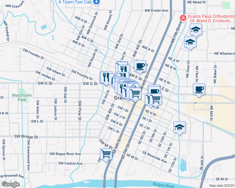 map of restaurants, bars, coffee shops, grocery stores, and more near 307 Southwest G Street in Grants Pass