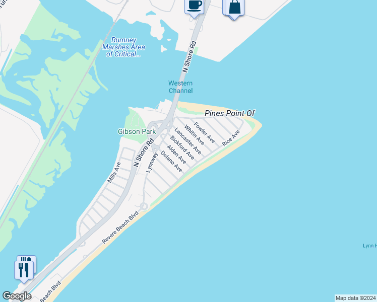 map of restaurants, bars, coffee shops, grocery stores, and more near 69 Lancaster Avenue in Revere