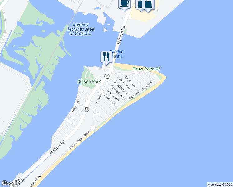 map of restaurants, bars, coffee shops, grocery stores, and more near 30 Alden Avenue in Revere