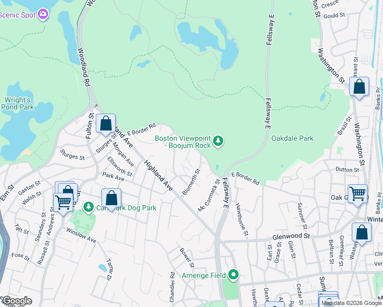 map of restaurants, bars, coffee shops, grocery stores, and more near 198 East Border Road in Malden