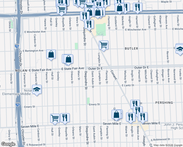 map of restaurants, bars, coffee shops, grocery stores, and more near 19723 Saint Aubin Street in Detroit