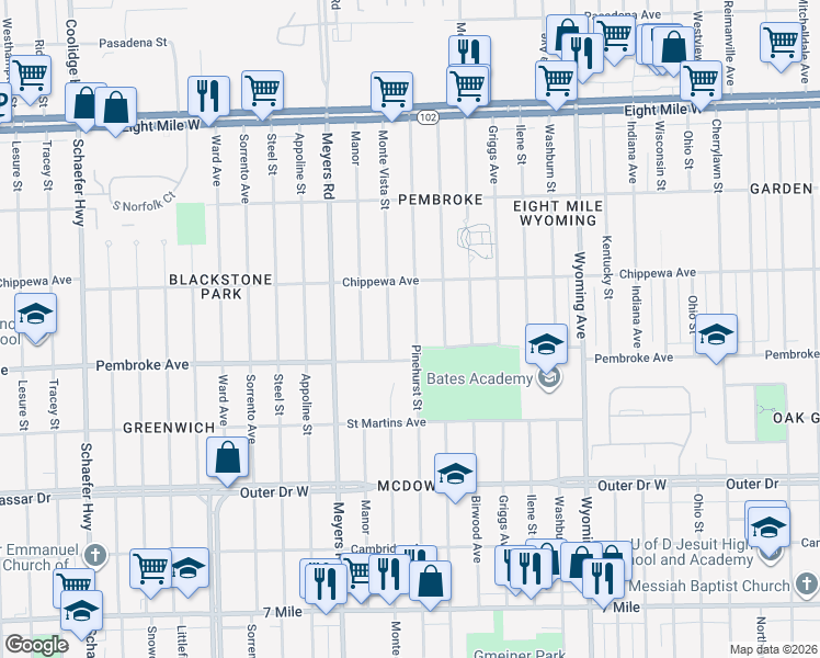 map of restaurants, bars, coffee shops, grocery stores, and more near 19966 Pinehurst Street in Detroit