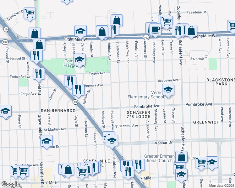 map of restaurants, bars, coffee shops, grocery stores, and more near 20006 Hubbell Avenue in Detroit