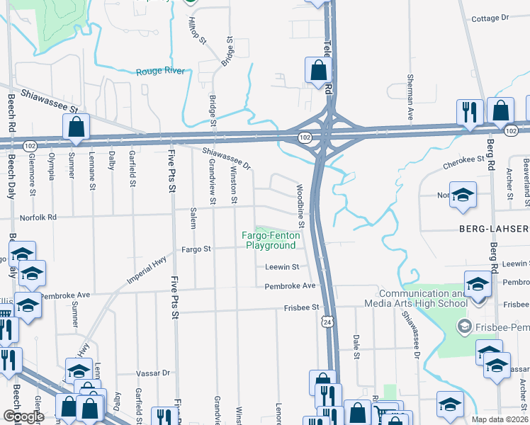 map of restaurants, bars, coffee shops, grocery stores, and more near 24287 Norfolk Road in Detroit